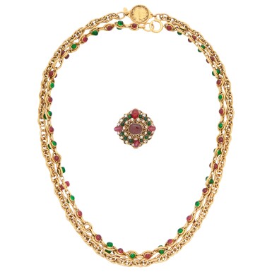 View full screen - View 1 of Lot 59. Set of Three Red Gripoix and Crystal Brooch, Red and Green Gripoix Necklaces.