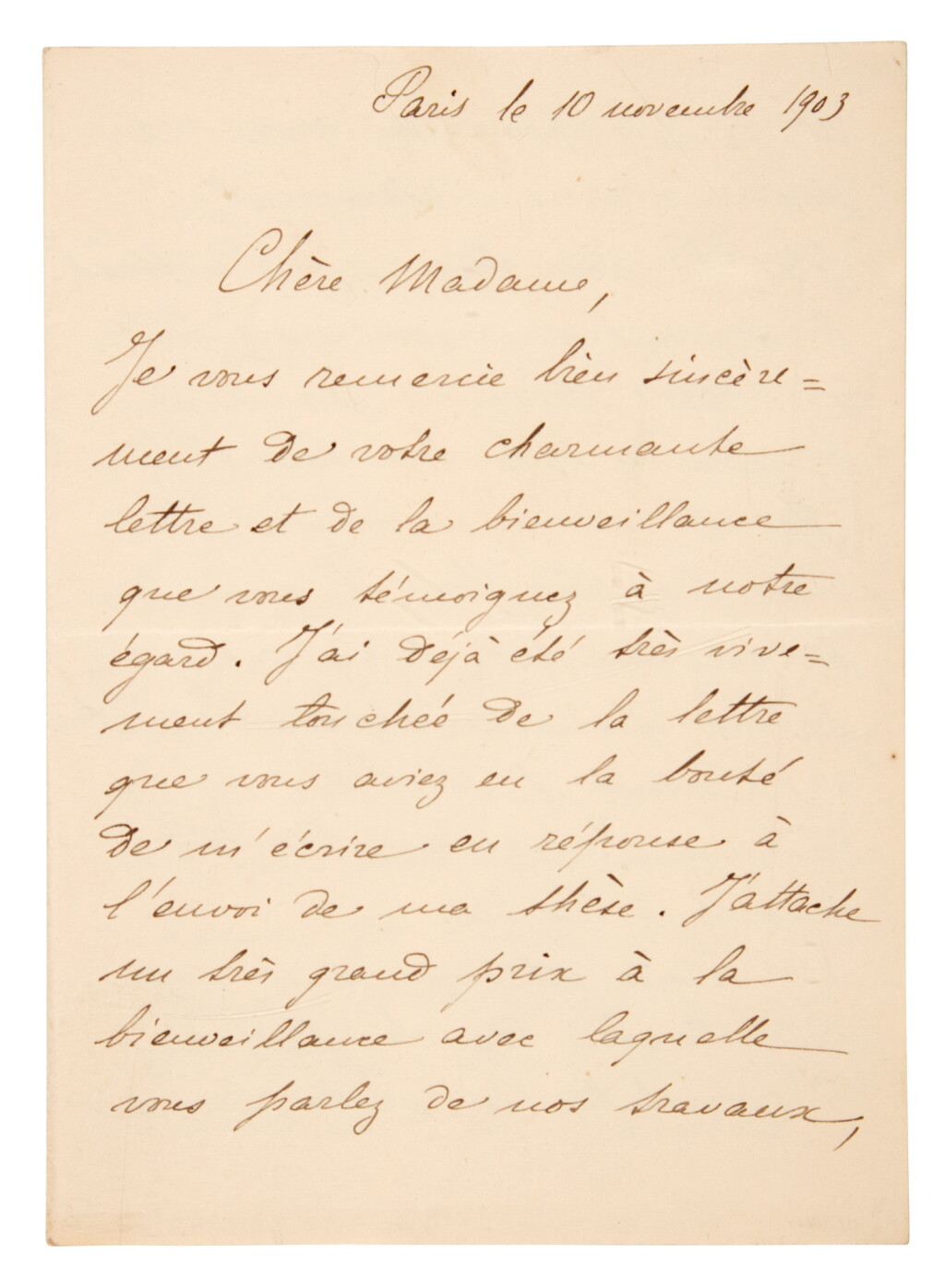 View full screen - View 1 of Lot 171. Marie Curie | Autograph letter signed, to Mrs Huggins, 10 November 1903, ABOUT RADIUM.
