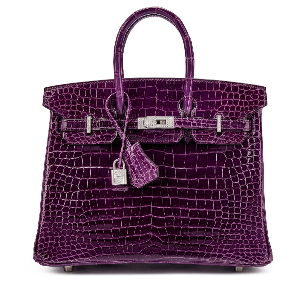 View full screen - View 1 of Lot 1624. Amethyst Shiny Porosus Crocodile Birkin 25 18K White Gold and Diamond Hardware, 2012.