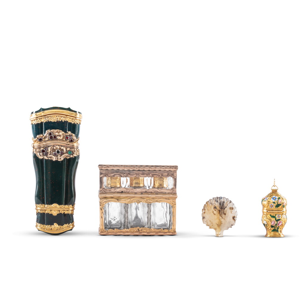 View full screen - View 1 of Lot 408. A group of four gold or silver-gilt mounted hardstone objects of vertu, London and Paris, circa 1760 and later.