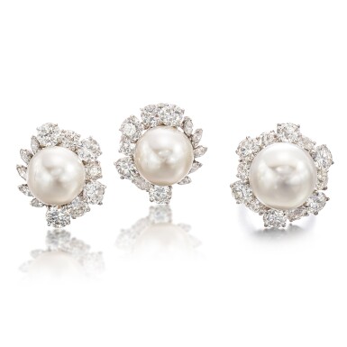 View full screen - View 1 of Lot 1979. Cultured Pearl and Diamond Demi-Parure | 養殖珍珠 配 鑽石 戒指 及 耳夾套裝.