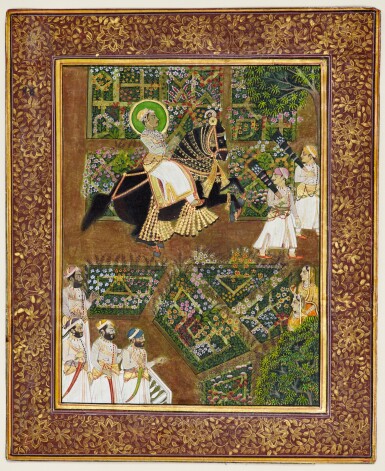 View full screen - View 1 of Lot 67. An illustration from a Six Seasons manuscript, Maharana Sajjan Singh in his palace garden, India, Mewar, circa 1880.