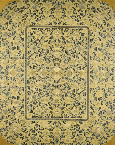View full screen - View 1 of Lot 269. AN EMBROIDERED YELLOW-GROUND SILK SEAT COVER QING DYNASTY | 清 黃地繡花卉紋墊面.
