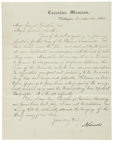 View full screen - View 1 of Lot 2131. Lincoln, Abraham. Manuscript letter signed, to major generals William B. Franklin and William F. Smith, 22 December 1862.