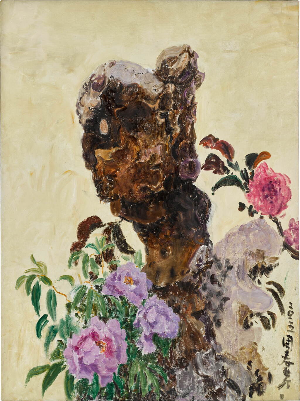 View full screen - View 1 of Lot 354. Zhou Chunya 周春芽 | Taihu Stone and Flowers 太湖石與花.