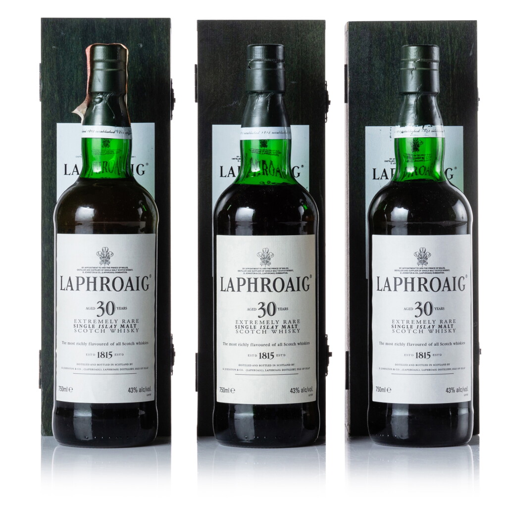 View full screen - View 1 of Lot 218. Laphroaig 30 Year Old Extremely Rare 43.0 abv NV (3 BT 75cl).