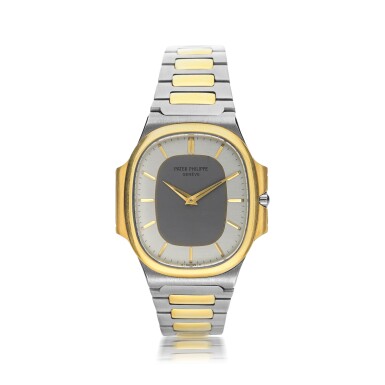 View full screen - View 1 of Lot 134. PATEK PHILIPPE | REFERENCE 3770 'NAUTELLIPSE' A YELLOW GOLD AND STAINLESS STEEL OVAL FORM BRACELET WATCH, CIRCA 1982.