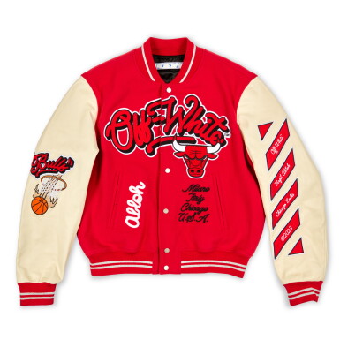 View full screen - View 1 of Lot 1. Off-White and The Chicago Bulls Varsity Jacket Featuring 2022-2023 Chicago Bulls Team Signatures.