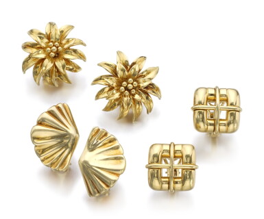 View full screen - View 1 of Lot 72. THREE PAIRS OF GOLD EAR CLIPS | TIFFANY & CO..