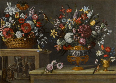 View full screen - View 1 of Lot 140. MAESTRO DEL VASO A GROTTESCHE | STILL LIFE WITH A BASKET OF FLOWERS ON A RAISED LEDGE, AND ONE LARGE AND ONE SMALLER VASE OF FLOWERS ON A LOWER LEDGE .