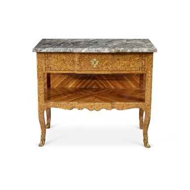 View full screen - View 1 of Lot 77. A Louis XV/XVI Transitional Gilt-Bronze Mounted Burr Oyster Veneer, Kingwood and Ebony Inlaid Side Table, Circa 1775.