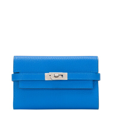 View full screen - View 1 of Lot 13. Hermès Bleu Hydra Kelly Depliant Medium Wallet of Chevre Leather with Palladium Hardware.