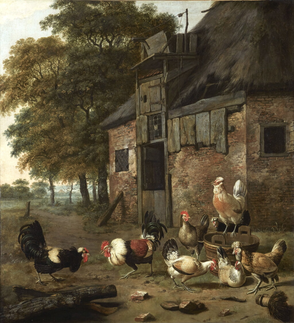 View full screen - View 1 of Lot 268. DIRCK WIJNTRACK | POULTRY YARD WITH TWO COCKS FIGHTING.