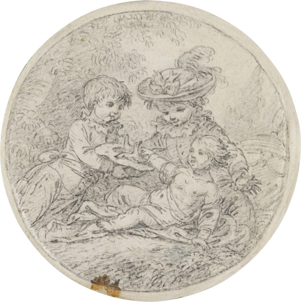 View full screen - View 1 of Lot 249. JEAN BAPTISTE JACQUES AUGUSTIN | A STUDY OF THREE OF THE MARQUIS DE BOMBELLES' CHILDREN AT PLAY, CIRCA 1784.
