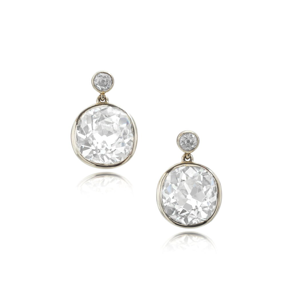 View full screen - View 1 of Lot 1082. Pair of diamond earrings, late 19th century and later.