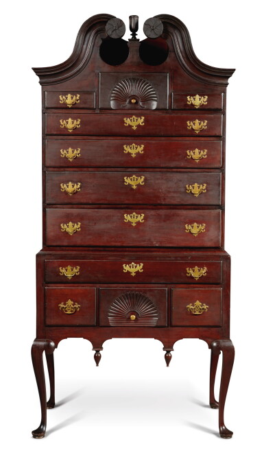 View full screen - View 1 of Lot 1049. EXCEPTIONAL CHIPPENDALE CARVED CHERRYWOOD BONNET-TOP HIGH CHEST OF DRAWERS, COLCHESTER, CONNECTICUT, CIRCA 1775.