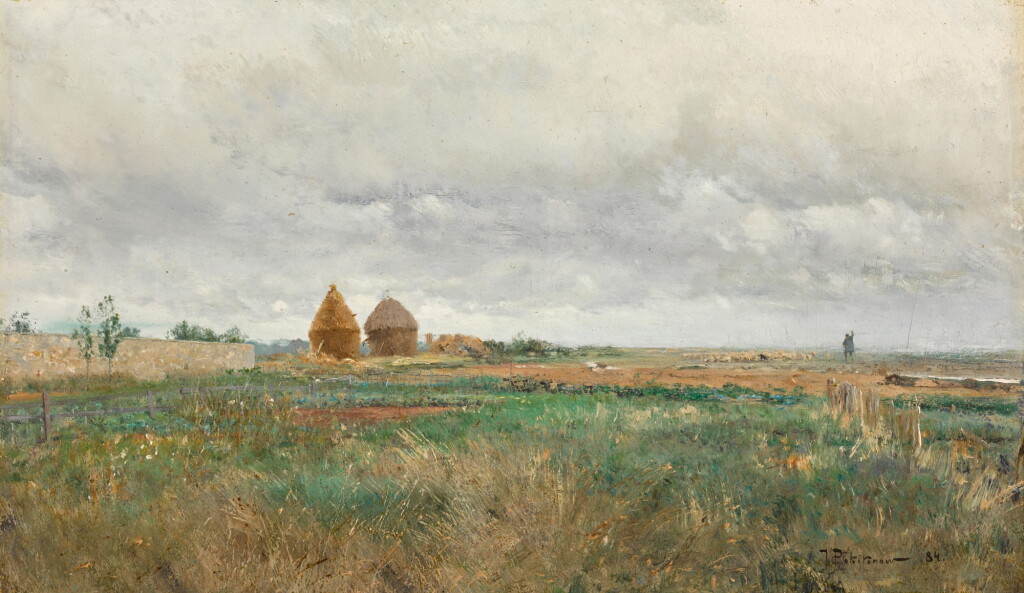 View full screen - View 1 of Lot 24. Landscape with Haystacks and a Flock of Sheep.