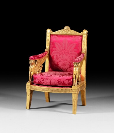 View full screen - View 1 of Lot 71. An Imperial carved giltwood ceremonial fauteuil, designed by Percier and Fontaine, made by Jacob-Desmalter in 1804, commissioned for Napoléon's Throne Room at the Palais de Tuileries | Fauteuil impérial en bois doré réalisé par Jacob-Desmalter en 1804 sur un dessin de Percier et Fontaine, commandé pour la salle du Trône de Napoléon Ier au palais des Tuileries en 1804.