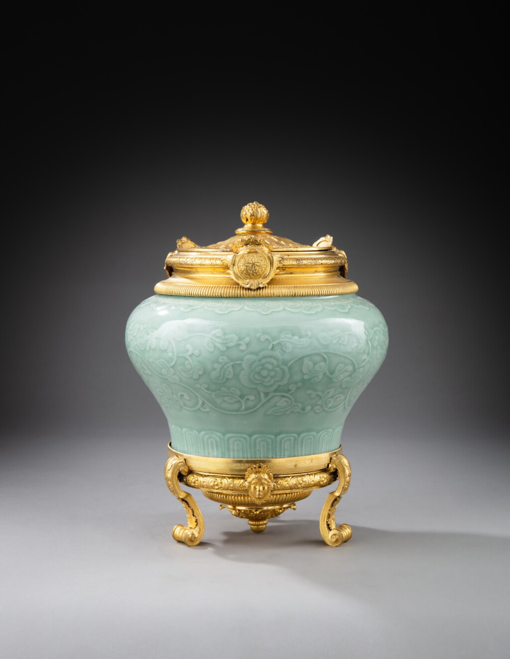 View full screen - View 1 of Lot 110. A Regence gilt-bronze mounted celadon vase, Qing dynasty, Kangxi (1662-1722), in the manner of Yuan dynasty, and circa 1720, with crowned C mark | Vase en porcelaine céladon, dynastie Qing XVII-XVIIIe siècle, époque Kangxi (1662-1722) à la manière de la dynastie Yuan du XIVe siècle, et monture de bronze doré d'époque Régence, vers 1720, au C couronné.