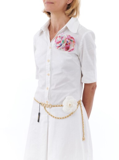 CHANEL  'COCO' FAUX PEARL CHAIN BELT AND THREE CAMELLIA FLOWER