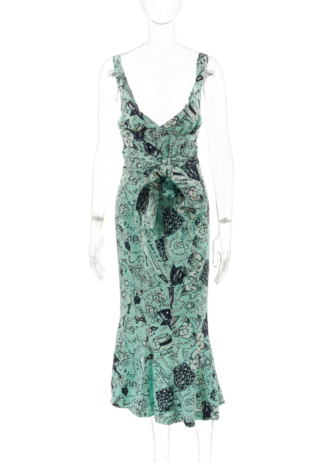 View full screen - View 1 of Lot 61. CHANEL | ICON PRINT SILK TOP AND SKIRT WITH MATCHING CAMELLIA BROOCH .