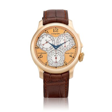 View full screen - View 1 of Lot 2154. Centigraphe Souverain | A pink gold chronograph wristwatch with 100th of a second, 20 second and 10 minute registers and ergonomic buttons, Circa 2010 | F.P. Journe | Centigraphe Souverain | 粉紅金計時腕錶,備百分一秒、二十秒及十分鐘小錶盤及搖板式按鈕,約2010年製.