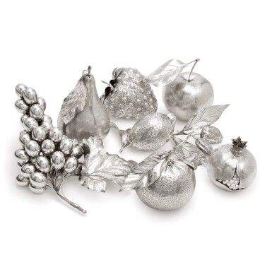 View full screen - View 1 of Lot 380. A GROUP OF EIGHT ITALIAN SILVER FRUIT-FORM TABLE ARTICLES, MARIO BUCCELLATI, MILAN, 20TH CENTURY.