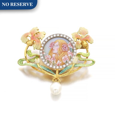 View full screen - View 1 of Lot 40. MASRIERA | ENAMEL, CULTURED PEARL AND DIAMOND BROOCH.