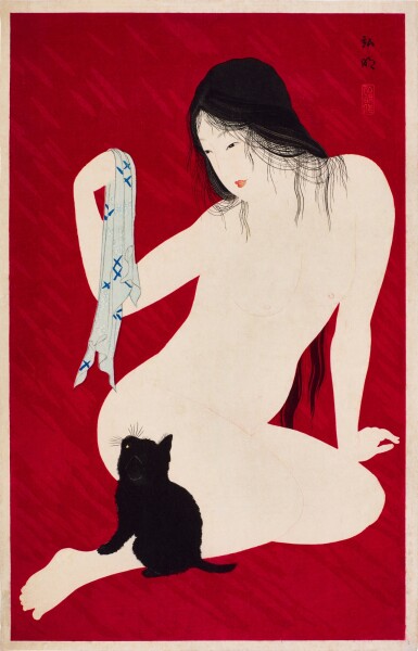 View full screen - View 1 of Lot 156. Takahashi Shotei (Hiroaki, 1871-1945) | Nude and black cat | Taisho - Showa period, 20th century .