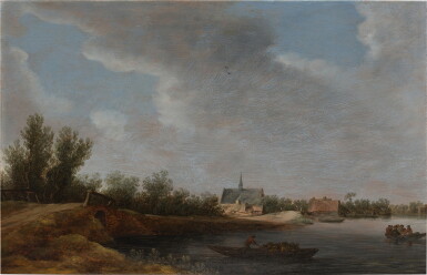 View full screen - View 1 of Lot 482. View of Leiderdorp, with Rowing Boats on the River and a Church beyond .