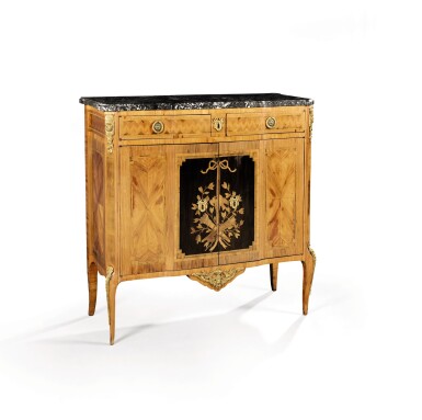 View full screen - View 1 of Lot 318. A Transition gilt-bronze mounted kingwood and tulipwood marquetry cabinet.