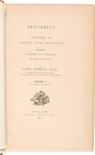 View full screen - View 1 of Lot 127. John Ruskin | Praeterita, 1886-1900, 4 volumes, extra illustrated and with autograph letters signed tipped-in.