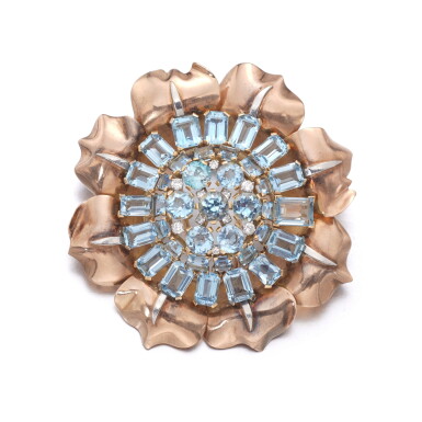 View full screen - View 1 of Lot 765. Aquamarine and diamond brooch.