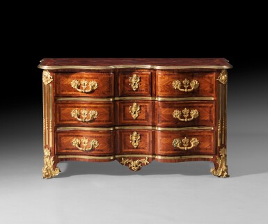 View full screen - View 1 of Lot 25. A French Régence kingwood, tulipwood and gilt-bronze mounted commode, circa 1720 | Commode en placage de bois de violette, bois de rose et bronze doré d'époque Régence, vers 1720.