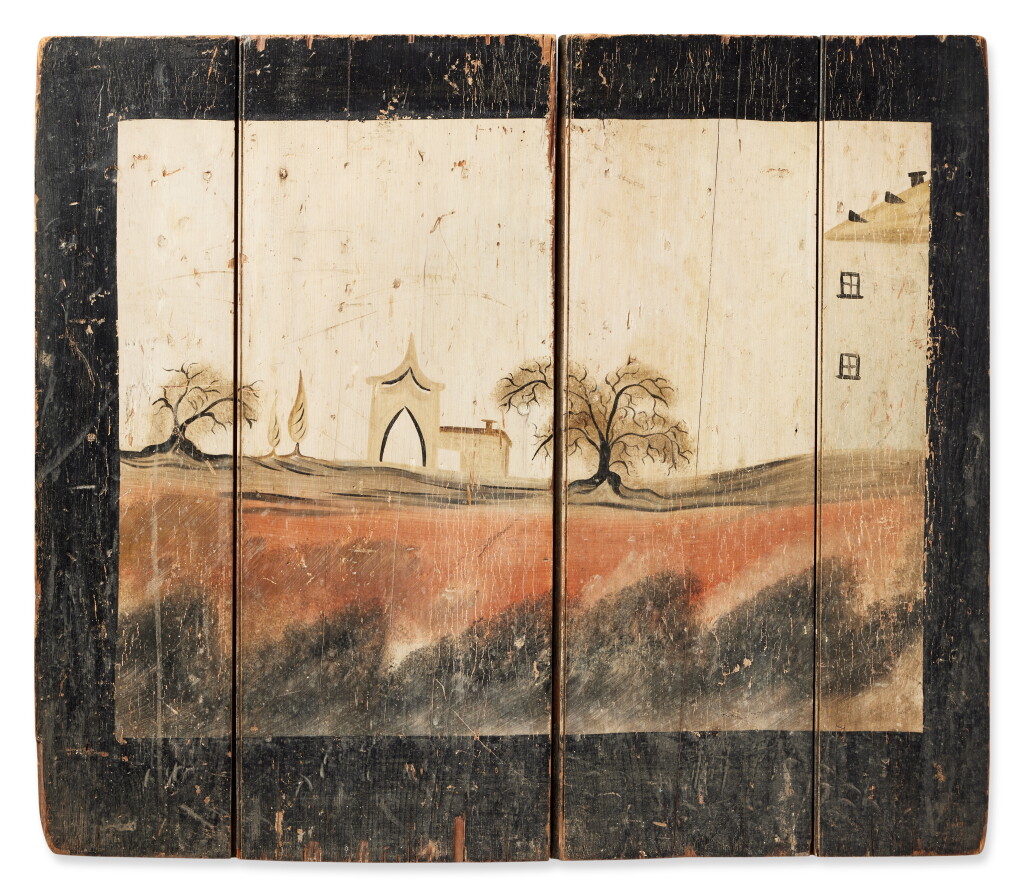 View full screen - View 1 of Lot 260. A Landscape Painted Fireboard, attributed to "The York Artist," York, Pennsylvania, circa 1840.