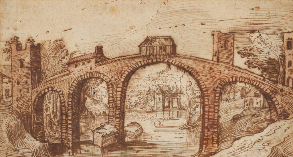 View full screen - View 1 of Lot 196. ATTRIBUTED TO JOOS DE MOMPER | A BRIDGE ACROSS A RIVER, WITH A TOWER AND A HILLY LANDSCAPE BEHIND.