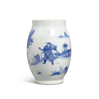 View full screen - View 1 of Lot 405. A blue and white 'figural' ovoid jar, Transitional period, circa 1640 | 過渡期 約1640年 青花人物故事圖罐.