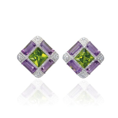 View full screen - View 1 of Lot 50. PAIR OF AMETHYST, PERIDOT AND DIAMOND EAR CLIPS, MICHELE DELLA VALLE.