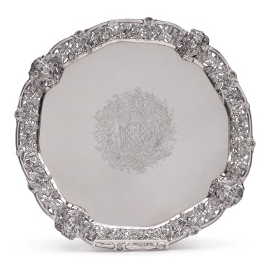 View full screen - View 1 of Lot 103. AN IRISH SILVER LARGE SALVER, THOMAS WALKER, DUBLIN, 1747.