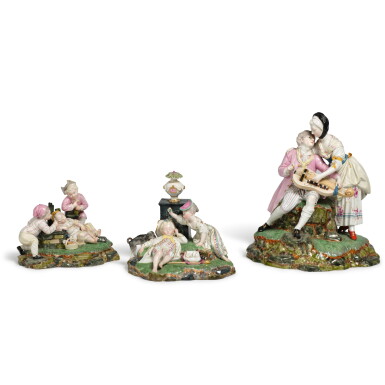 View full screen - View 1 of Lot 782. Two Höchst porcelain figure groups of children, ‘Der gestörte Schlummer’ and the ‘Der bekränzte Schläfer’, and a large Höchst porcelain figure group of musicians, circa 1770.