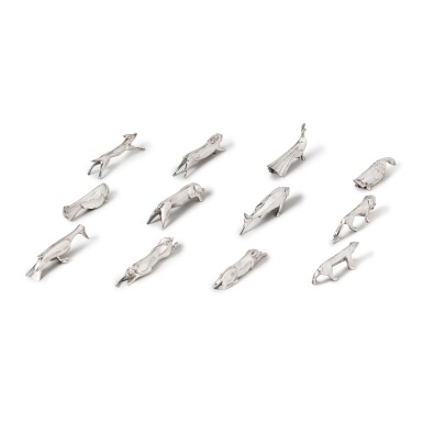 View full screen - View 1 of Lot 53. A set of twelve silver-plated animal knife-rests designed by Edouard Marcel Sandoz (1881-1971) for Maison Gallia, Paris, circa 1930 | Ensemble de douze porte-couteaux 'animaux' d'après Edouard Marcel Sandoz, Maison Gallia, Paris, vers 1930.