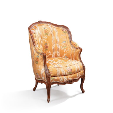View full screen - View 1 of Lot 536. A Louis XV brown-painted bergère, circa 1760, stamped Jean-René Nadal.