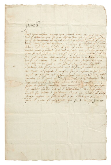 View full screen - View 1 of Lot 242. James VI and I | Document signed, to the Earl Marischal, on the union of the kingdoms, 2 January 1605.