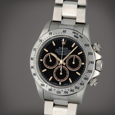 View full screen - View 1 of Lot 90. Daytona 'Patrizzi', Reference 16520 | A stainless steel chronograph wristwatch with bracelet | Circa 1995 | 勞力士 | Daytona 'Patrizzi' 型號16520 | 精鋼計時鏈帶腕錶,製作年份約1995.