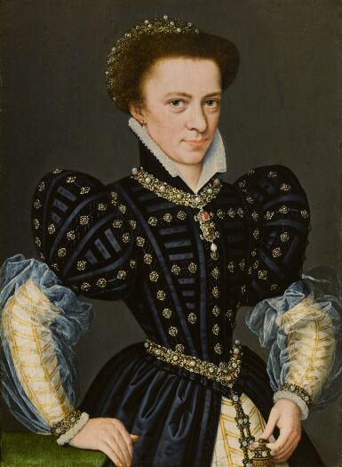 View full screen - View 1 of Lot 8. Portrait of a lady, half-length, wearing a black dress with white gold-trimmed sleeves.
