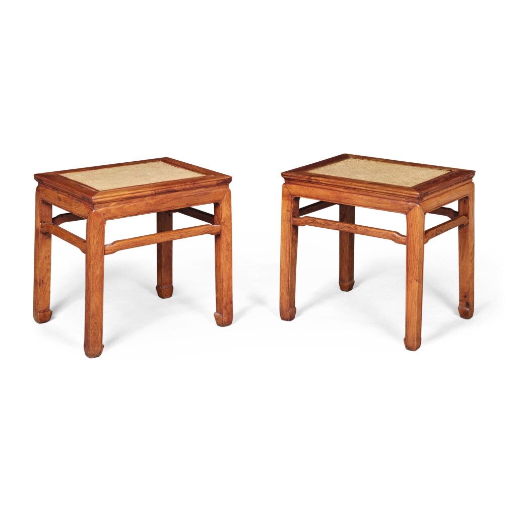 View full screen - View 1 of Lot 55. A pair of 'huanghuali' square-corner stools (Fangdeng), 17th / 18th century.