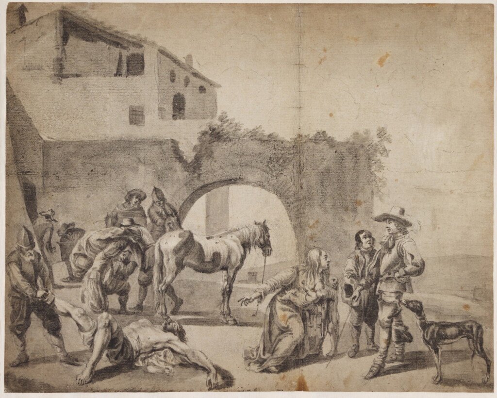 View full screen - View 1 of Lot 51. A Company with a wounded man and other figures in front of an archway in a village.