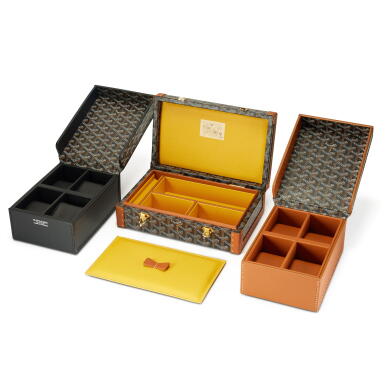 View full screen - View 1 of Lot 137. Set of Three Black and Tan Goyardine Canvas Vendôme Jewelry Case Gold Hardware, 2018, Black and Tan Goyardine Canvas 4 Watch Case and Black Goyardine Canvas 4 Watch Case .