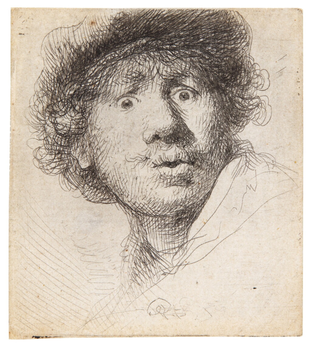 View full screen - View 1 of Lot 72. Self-Portrait in a Cap, Wide-eyed and Open-mouthed (Bartsch, Hollstein 320; New Hollstein 69; Hind 32).