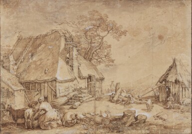 View full screen - View 1 of Lot 114. Farmyard scene with women milking goats, to the right the Prodigal Son as a swineherd.